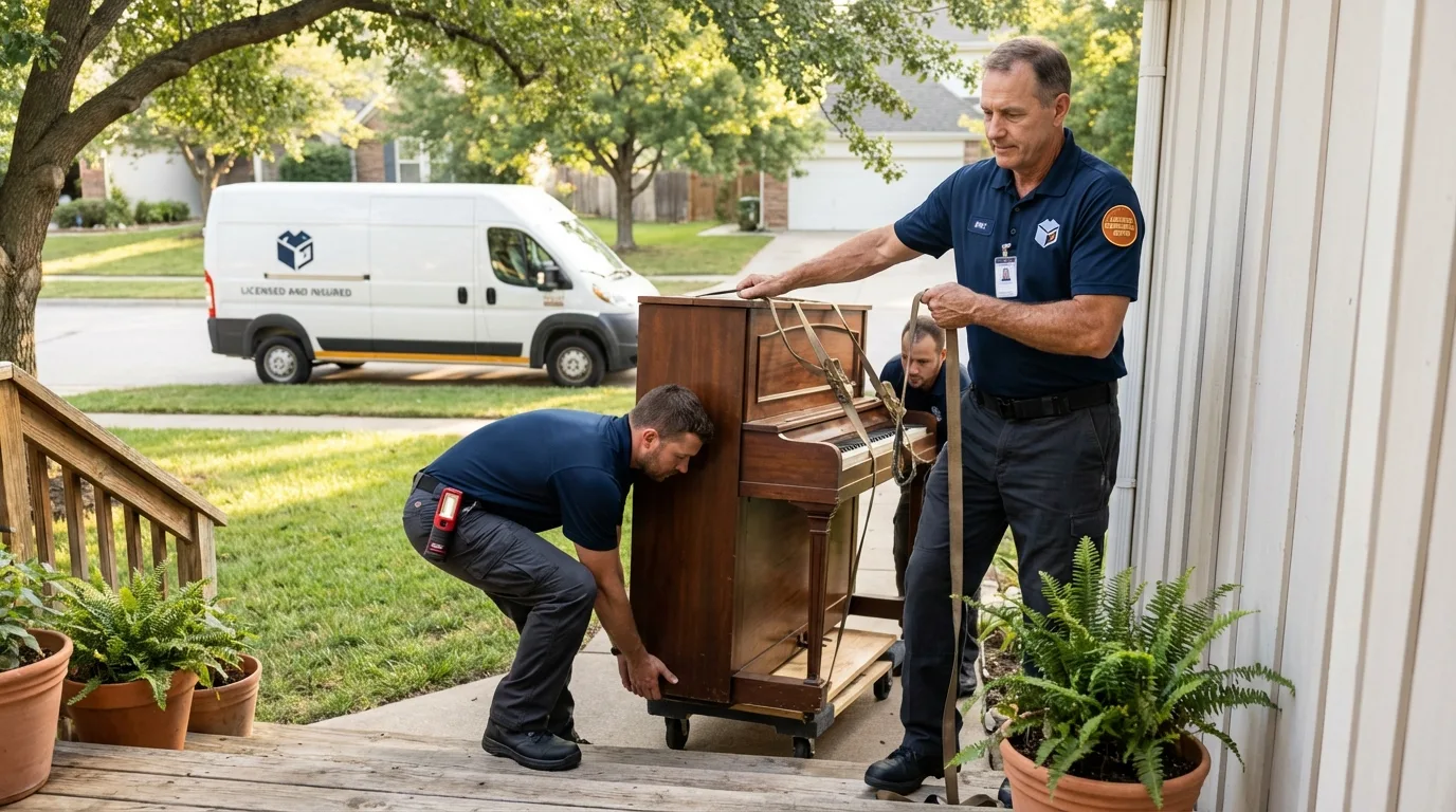 Licensed piano movers securing grand piano in Missouri Valley, IA