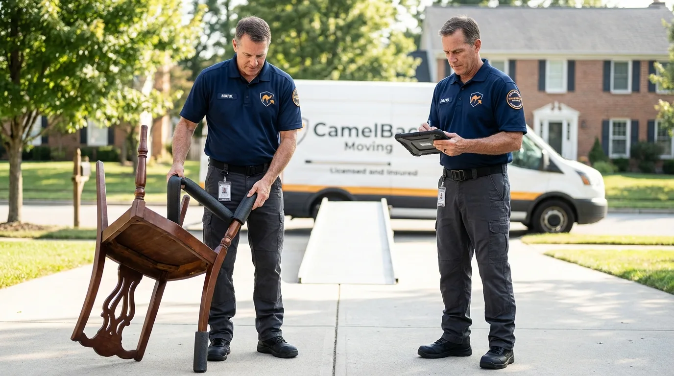 Movers inspecting furniture for damage prevention before loading in Missouri Valley, IA