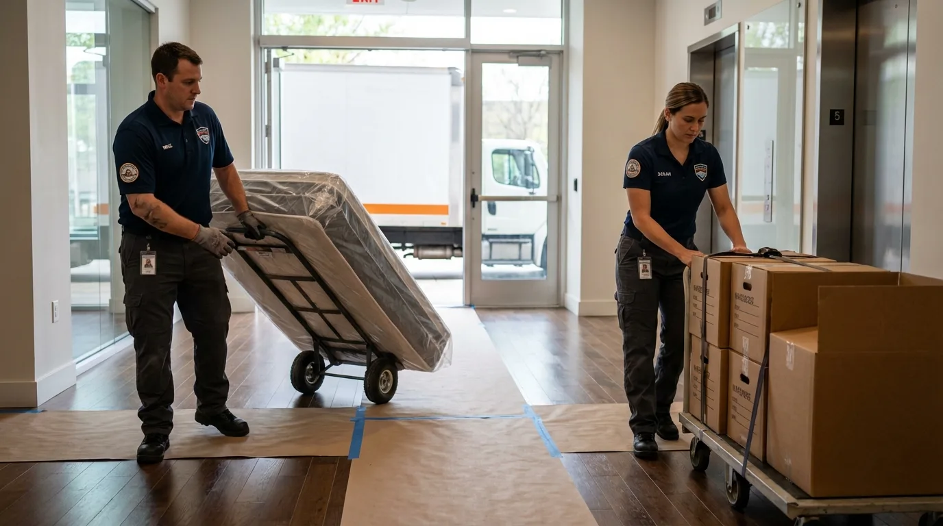 Professional apartment movers loading elevator in Missouri Valley, IA