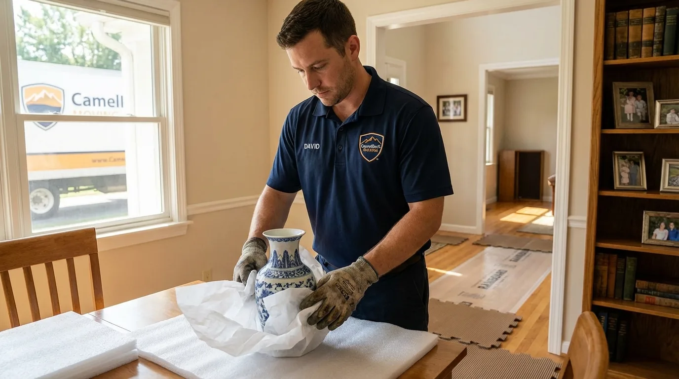 Professional crew carefully wrapping antique vase for senior downsizing move in Missouri Valley, IA